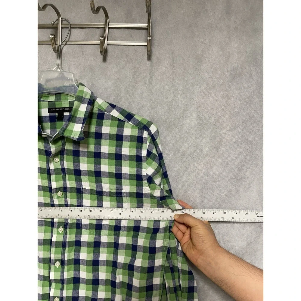 Banana Republic Shirt Men L Green Plaid Linen Cotton Button Up Academia Vacation